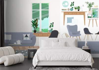 A set of furniture and decor to create a living room interior with a workplace. Wall mural