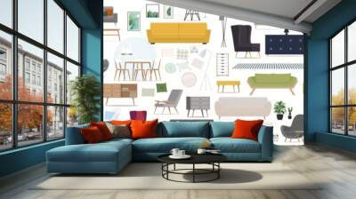 Furniture set for modern home interior design. Trendy house decor, sofa, couch, chair, armchair and lamp. Wall mural