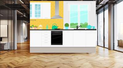 Kitchen with furniture. Cozy modern kitchen interior with table, stove, cooker hood, kitchen drawers. Vector illustration. Flat style. Wall mural