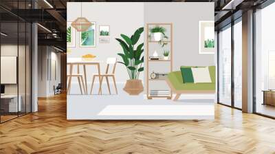 Wooden table and green couch in spacious living room interior with plants and lamps. Wall mural