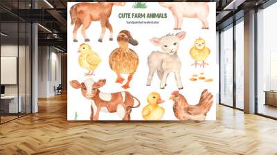 Cute farm animals horse, pig, lamb, calf, duck, duckling, watercolor chick Wall mural