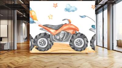 Watercolor seamless border with quad bike, stars, balloons, off-road racing Wall mural