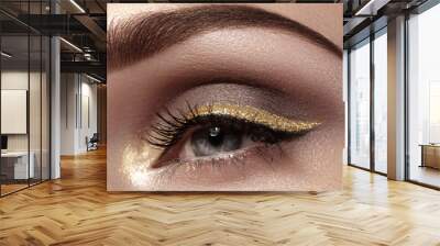 Beautiful macro shot of female eye with ceremonial makeup. Perfect shape of eyebrows, eyeliner and pretty gold line on eyelid. Cosmetics and make-up. Closeup macro shot of fashion sparcle visage Wall mural