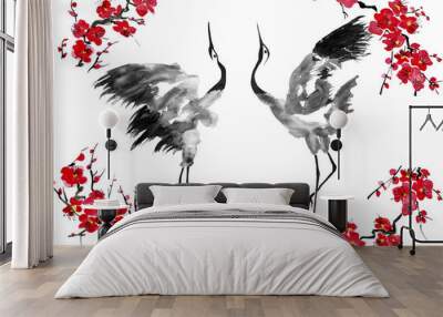 Two enamored japanese cranes bird.  Red stylized flowers of plum mei, wild apricots and sakura . Watercolor and ink illustration in style sumi-e, u-sin, go-hua Oriental traditional painting.  Wall mural