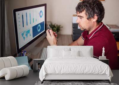 A modern young person works remotely from home. Young man video conference via computer. Home office. Stay at home and work from home concept during the coronavirus pandemic Wall mural