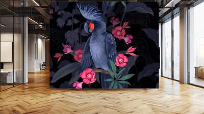 Black cockatoo on branches of tropical tree. Seamless pattern. Wall mural