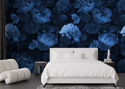 Blue flowers peonies and leaves on black background. Floral summer seamless pattern. Wall mural