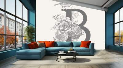 Decoration with letter B, decorative herbs, peonies flowers and bird. Wall mural