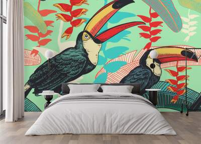 Floral seamless pattern with birds toucans and tropical leaves and flowers. Wall mural