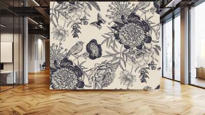 Floral seamless pattern with garden flowers peonies, bird and butterflies. Wall mural