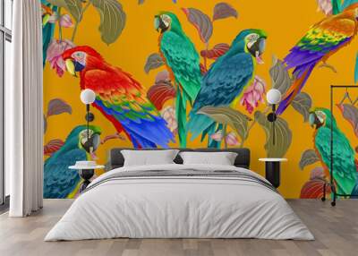 Leaves, flowers, macaw on yellow background. Seamless pattern Wall mural