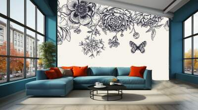 Luxurious decoration. Garland of luxurious blooming peonies, butterflies and birds. Wall mural