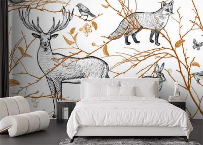 Seamless pattern with animals, birds and tree branches. Wall mural