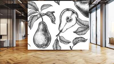 Seamless pattern. Realistic fruit, branch and pear tree leaf. Black and white vegetarian food. Vector illustration art. Vintage engraving. Hand drawing. Template with nature motifs for kitchen design. Wall mural