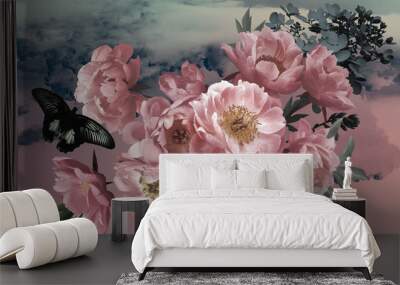 Vintage card. luxurious bouquet of garden flowers of peonies and butterfly. Wall mural