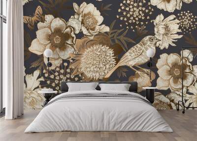 Vintage seamless luxury pattern with peonies, bird and butterflies. Wall mural