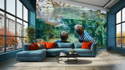 children watch the sea turtle in the aquarium Wall mural