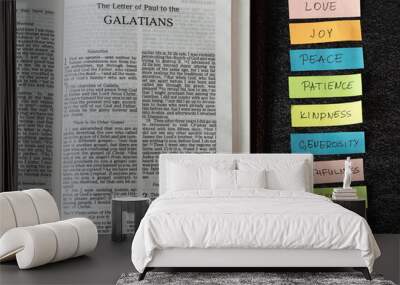 fruit of the spirit handwritten words with an open bible galatians book. concept of christian spirit Wall mural