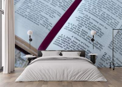 Vision of Jesus Christ verses in open holy bible book. Close-up. Revelation of God, Christian biblical concept. Wall mural