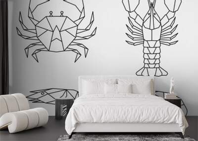 Set of abstract polygon animals. Linear geometric crab, lobster, shrimp, fish. Vector illustration. Wall mural