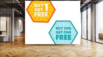 buy one get one free in grunge flat design hexagons labels, vect Wall mural