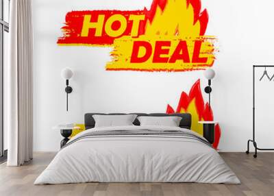 hot deal and price on fire, yellow and red drawn labels with fla Wall mural