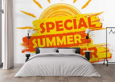 special summer offer with sun sign, yellow and orange drawn labe Wall mural