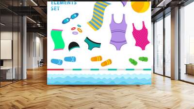 Swimming pool elements - flat style vector set. Wall mural