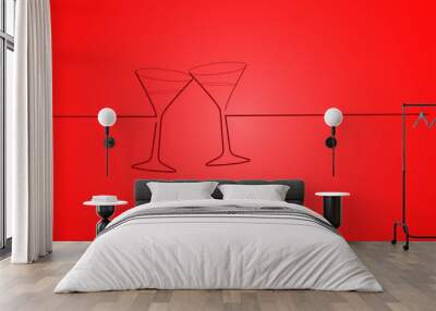 Two wine glasses cheers isolated on red background. For party card and ad. Useful for advertisement, marketing and advert. Two wine glasses vector illustration Wall mural