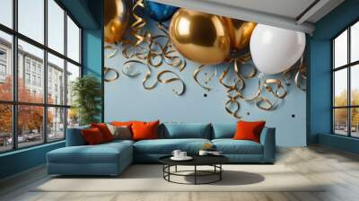 greeting card festive background with golden and blue and red metallic balloons with confetti and ribbons for birthday party, anniversary, new year, christmas or other events Wall mural