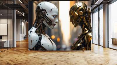 portrait of romantic couple human woman and male robot machine - futuristic love concept Wall mural