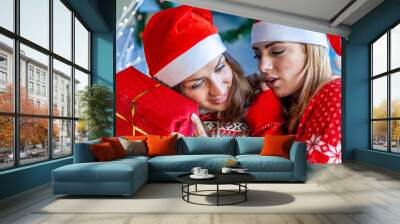 portrait of two young sisters embraced they showing a gift Wall mural