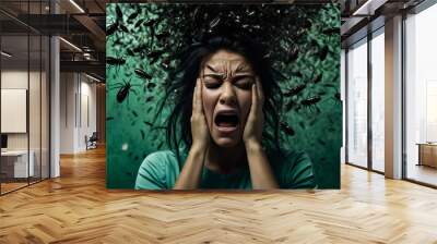 portrait of woman with black bugs coming out of her head screaming her despair due to anxiety and depression Wall mural