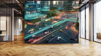 Autonomous vehicles navigating city streets, revolutionizing commuting, reducing traffic congestion, and promoting sustainable mobility solutions. Generative AI Wall mural