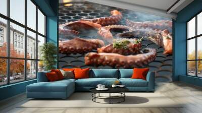 octopus tentacles grilling on hot coals with smoke close-up Wall mural