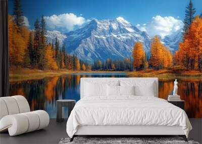 Scenic autumn landscape with mountains and a reflective lake. Wall mural