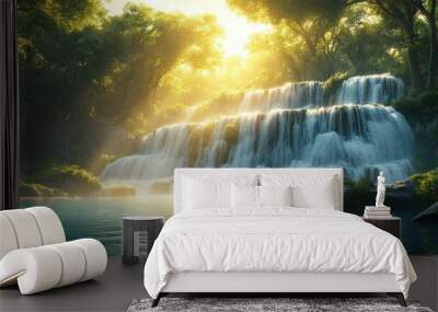 Serene waterfall cascading into a tranquil pool surrounded by trees. Wall mural