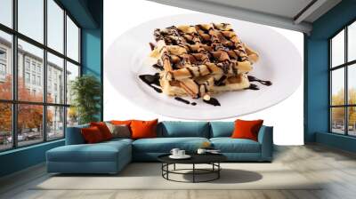 waffles stacked with chocolate sauce on round white plate transparent background Wall mural