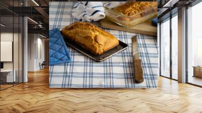 HOT HOME BREAD, ON A TABLE WITH TRADITIONAL TABLECLOTH Wall mural