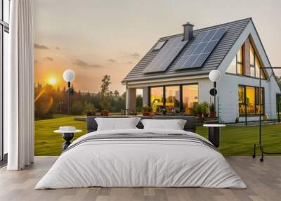 A modern suburban house at sunset with a photovoltaic solar panel system on the gable roof, reflecting the sustainable and eco-friendly design Wall mural