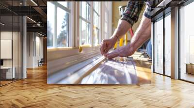 A person applying weatherstripping to drafty windows in a bright, airy room, tools and materials laid out, showing a DIY home improvement scene. Wall mural