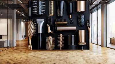 collection of professional hair dresser tools arranged on black background Wall mural