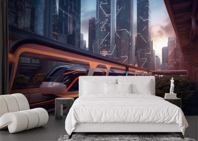 A hyper-realistic digital illustration showcasing an advanced hyperloop system seamlessly integrated into a modern cityscape, ai generated Wall mural