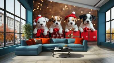 Group of cute little puppies with christmas gift boxes on wooden background Wall mural