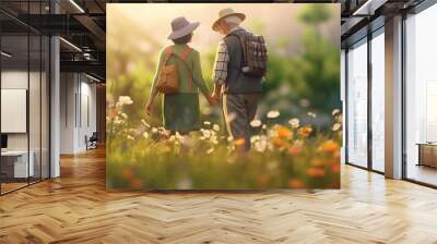 Illustration of a Senior couple with backpacks walking in the field of flowers. Concept of healthy lifestyle and happy life. Banner, ai generative Wall mural