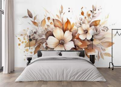 Neutral Brown flowers, Watercolor, white background, --3:2 format, ai generative Wall mural