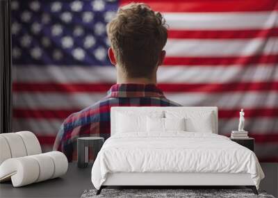 Rear view of man looking at american flag in the background Wall mural