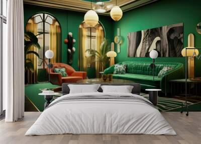 Rendering of a green living room with a green sofa and a coffee , art deco green apartment. Ai generative Wall mural