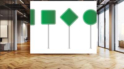 Road traffic signs of different shapes on metal poles vector illustration set. 3d realistic green blank street signboards. Isolated empty roadside signposts to notice information, danger, guide. Wall mural