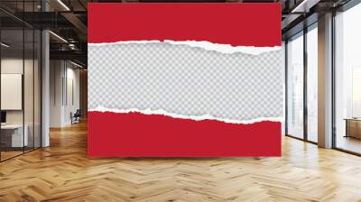 Torn red paper sheet with ripped edges on transparent background. Scrapbook edge, notebook tear, blank page split vector illustration. Damaged letter, document mockup, newspaper cutout. Wall mural